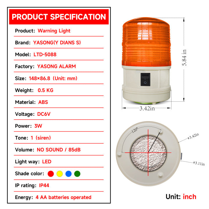 YASONG LTD-5088 Battery Magnetic LED Beacon Light, 17 LEDs, IP44, No Sound/85dB, AA Battery Powered